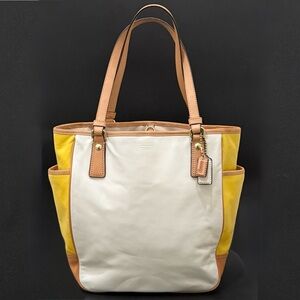 Rare COACH F23683 Park Color Block Yellow Cream Tan Leather Tote Shoulder Bag